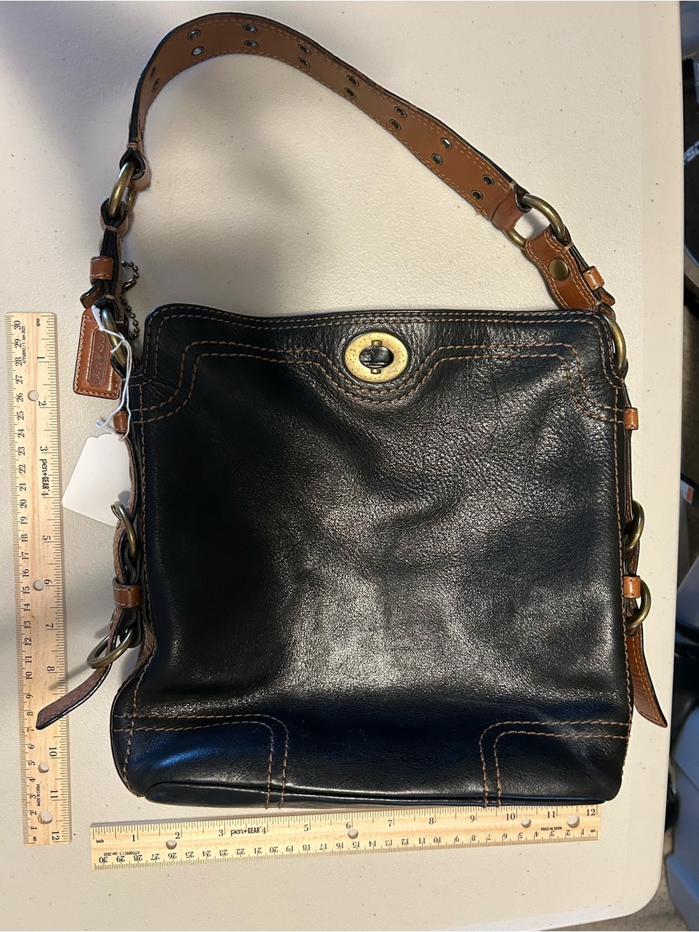 Coach Black Leather Shoulder Bag with Brown Strap & Brass Turn-Lock